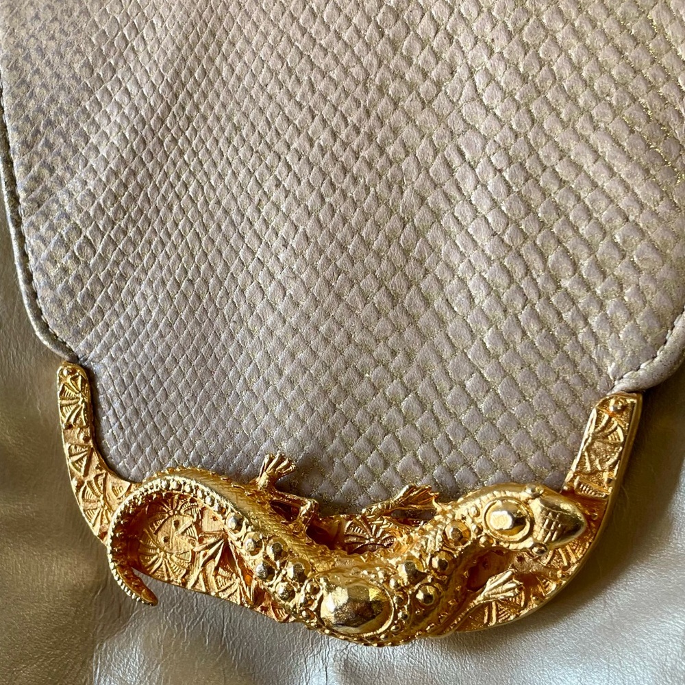 Vintage Bags By Pinky Genuine Leather Shimmer Snakeskin Bag Metal Lizard Clasp - Picture 4 of 15